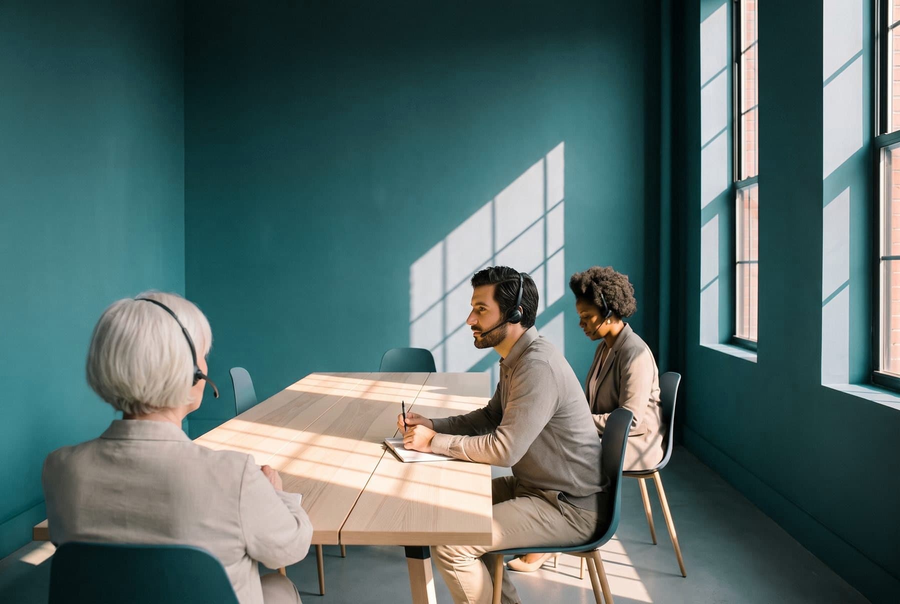Three agents in headsets taking calls at one long table in a calm office