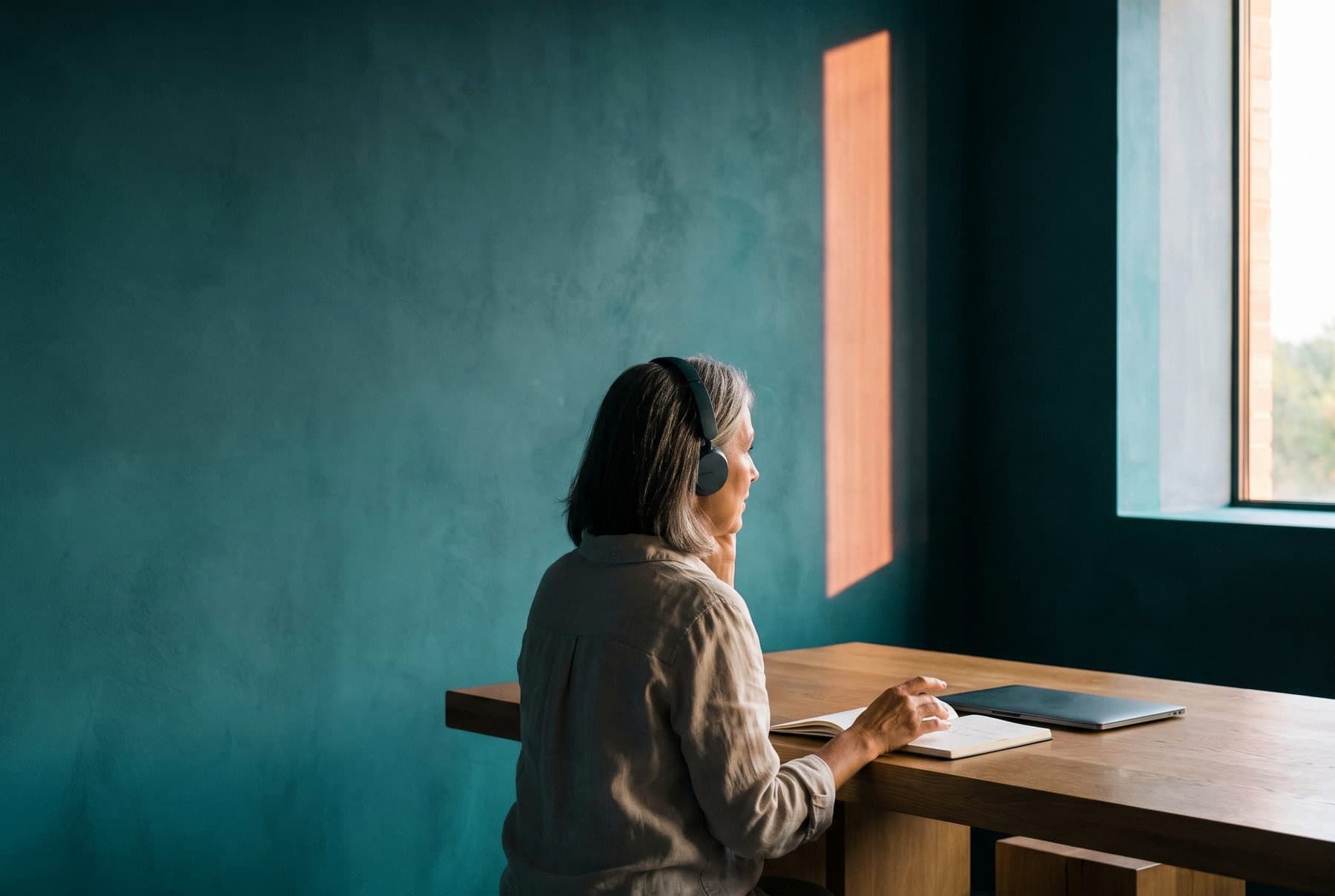 An agent in a headset on a call at a desk in a quiet home office, late afternoon light on a blue wall