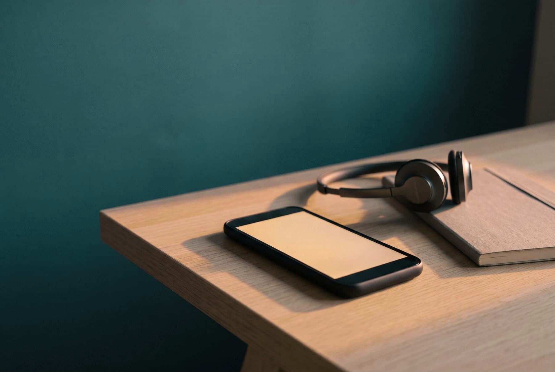 A phone on a desk lighting up with an incoming call, a headset beside it