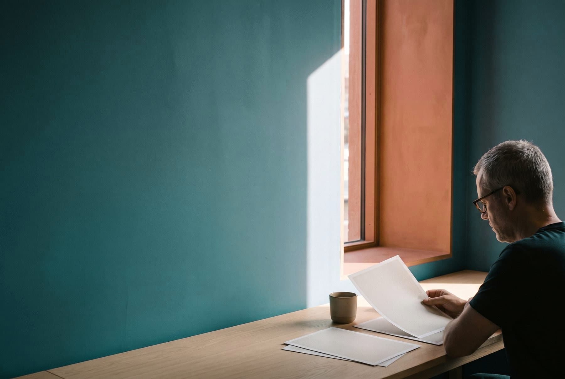 An agent reading printed pages at a desk with a cup of coffee