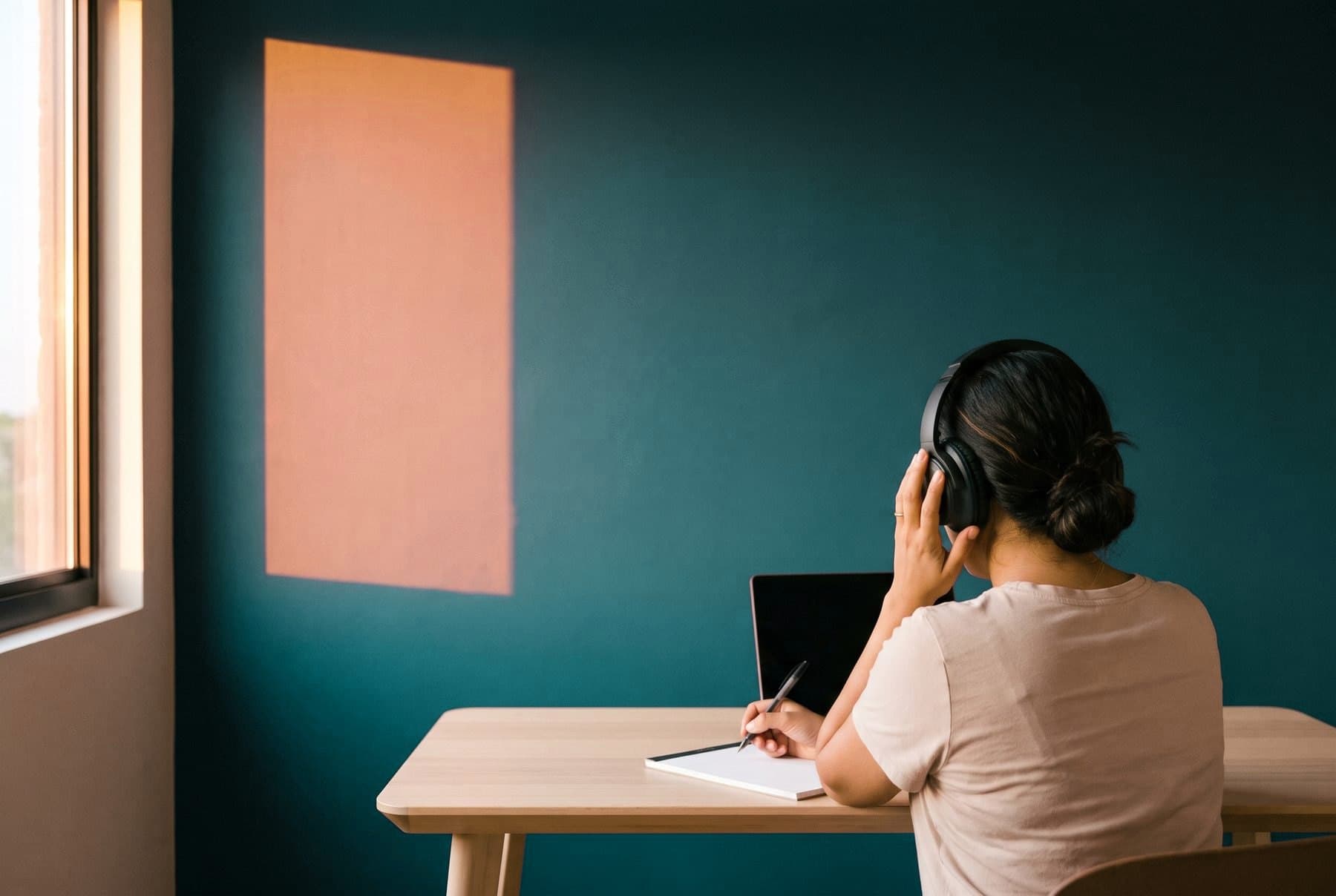 A reviewer in headphones listening closely to a call recording at a desk